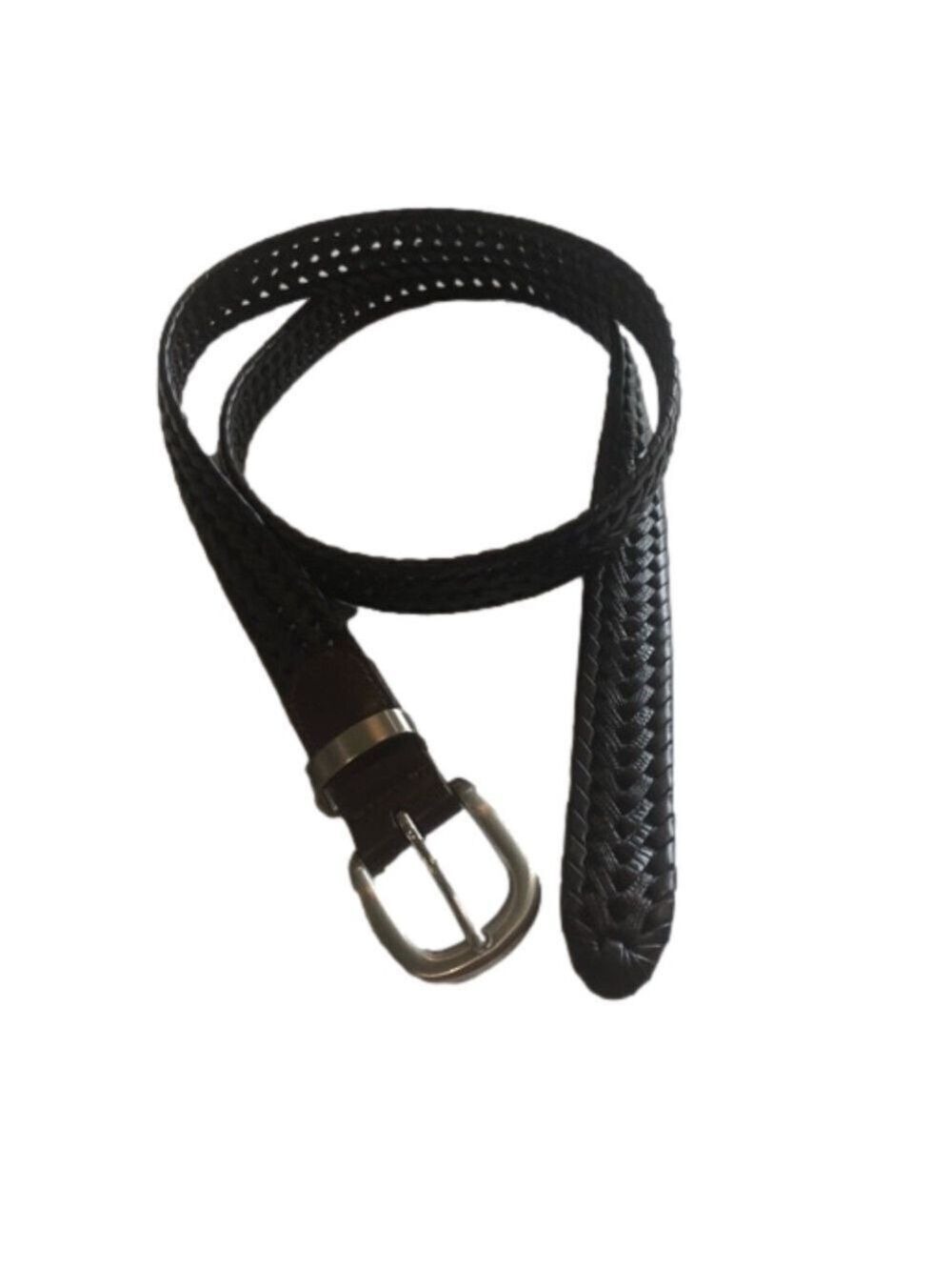 Leather belt. Reddish brown cordovan braided silvertone buckle. Size 42 unisex
